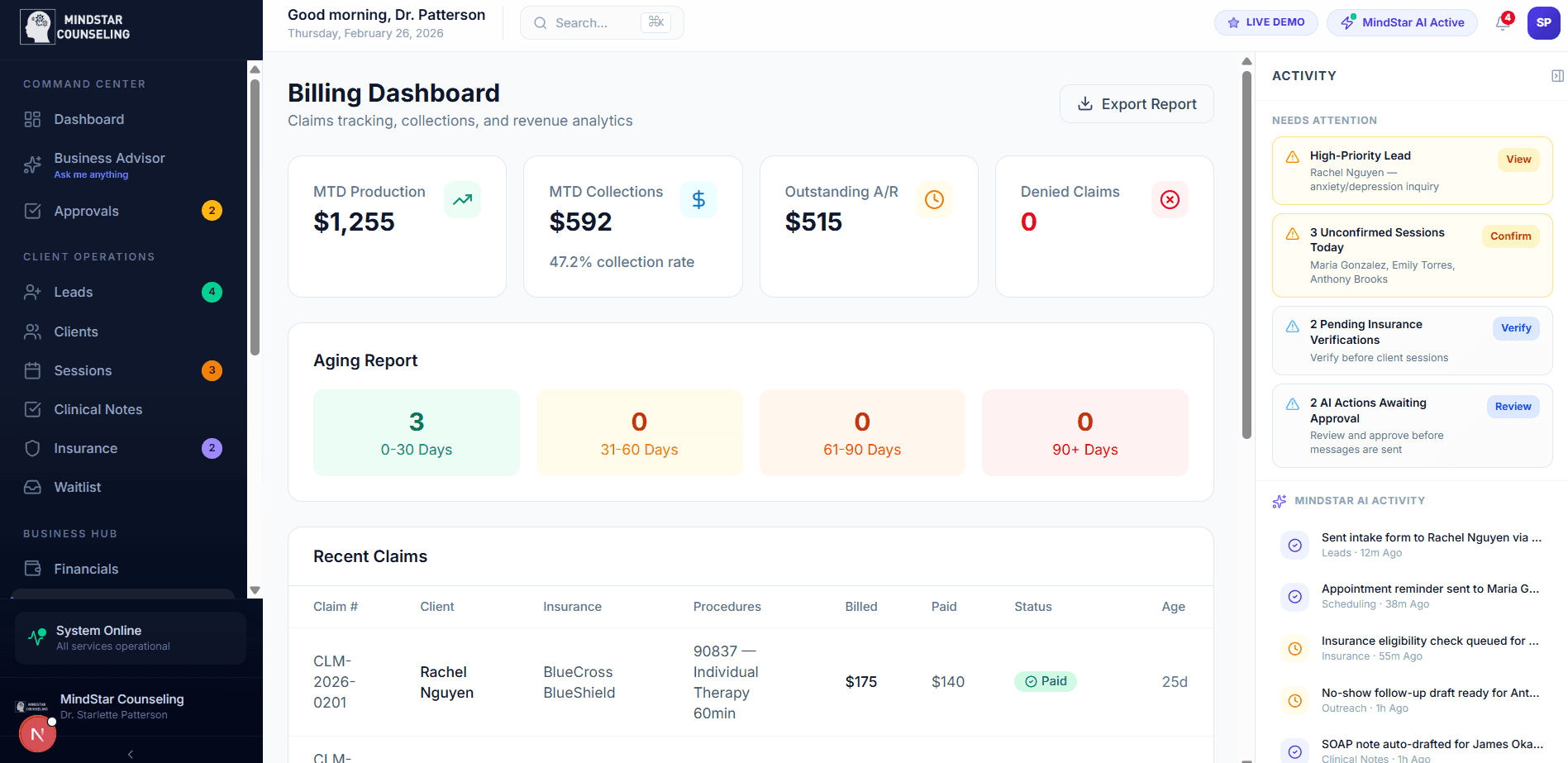 MedHealth Engine dashboard — subscription billing and private-pay management