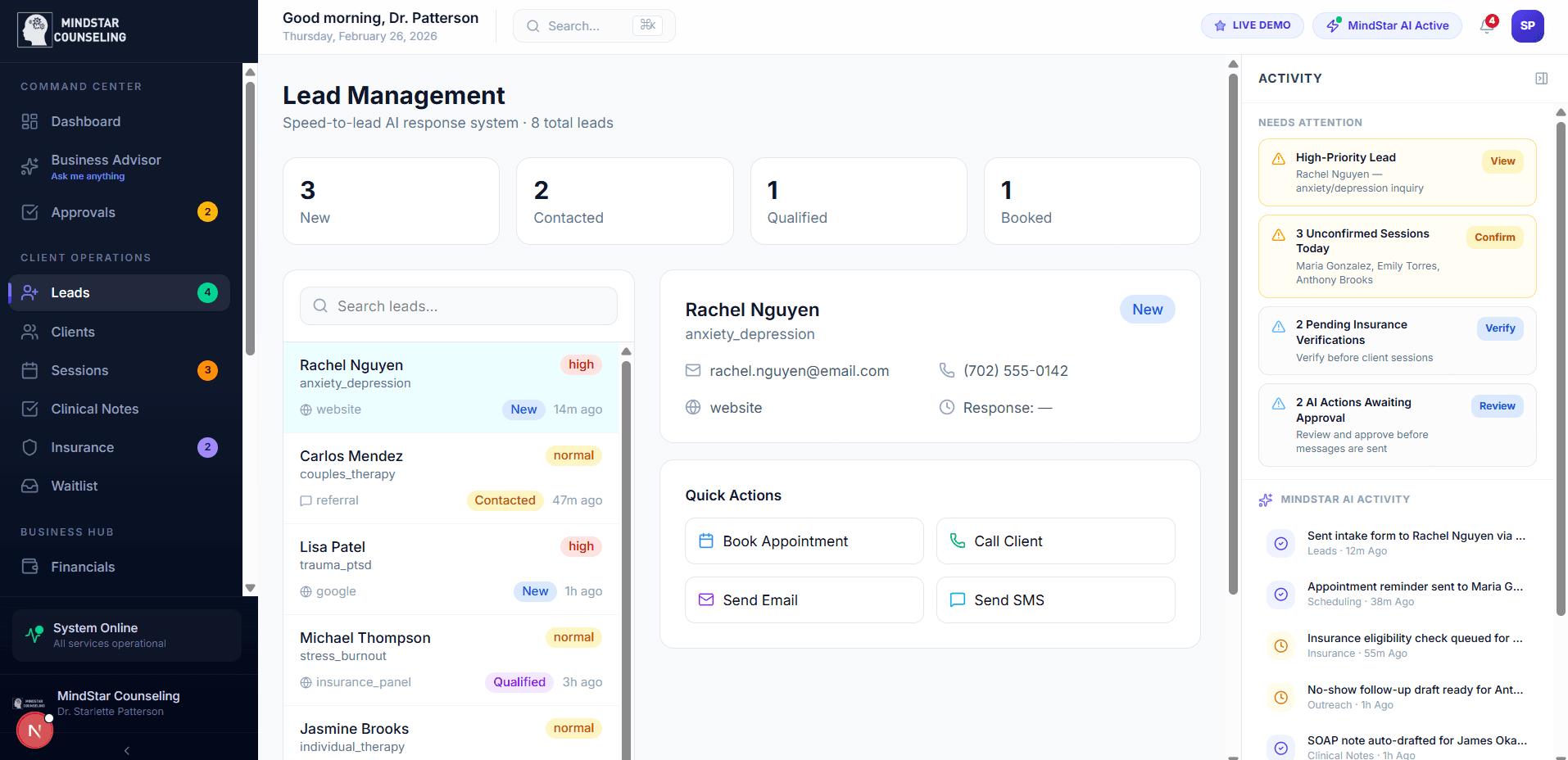 Service Engine dashboard — lead management and follow-up automation